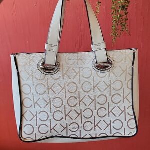 Calvin Klein Tan and White Monogram Tote Bag